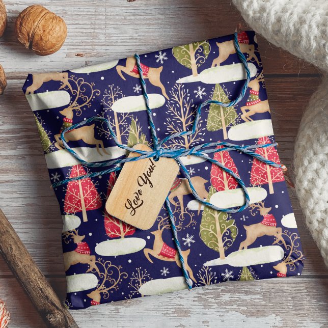 Papel De Regalo Reno lindo árboles de Navidad azul (Subido por el creador)