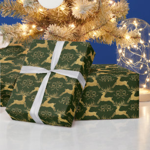Papel De Regalo Renode verde de cuero dorado de Navidad