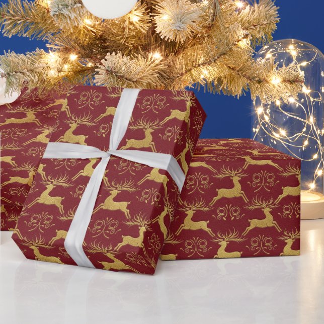 Papel De Regalo Renodeer de Cuero Dorado Navideño Rojo (Vacaciones)