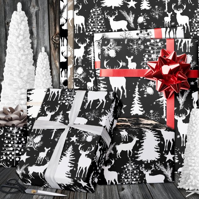 Papel De Regalo Renos De Bosques De Bosques De Bosques De Bosques  (Black And White Woodland Forest Reindeer Wrapping Paper In 6 & 15 foot long 30 inch rolls)