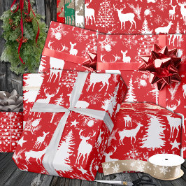 Papel De Regalo Renos De Bosques De Bosques Rojos Y Blancos