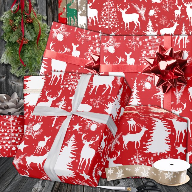 Papel De Regalo Renos De Bosques De Bosques Rojos Y Blancos (Red And White Woodland Forest Reindeer Wrapping Paper In 6 & 15 Foot Long 30 Inch Rolls)