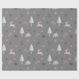 Papel De Regalo Renos de color rosa pastel y patrón de bosque gris