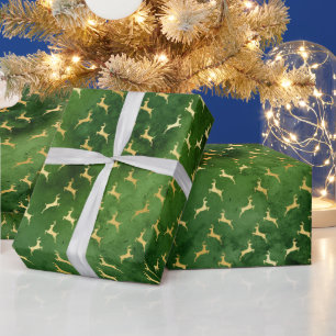 Papel De Regalo Renos de oro en verde oscuro
