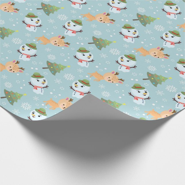 Papel De Regalo Renos, hombres de nieve y árboles de Navidad (Esquina)