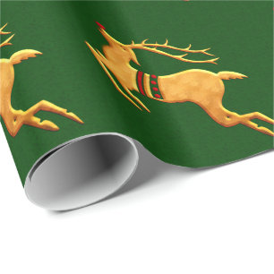 Papel De Regalo Renos rojos y dorados en Damasco verde