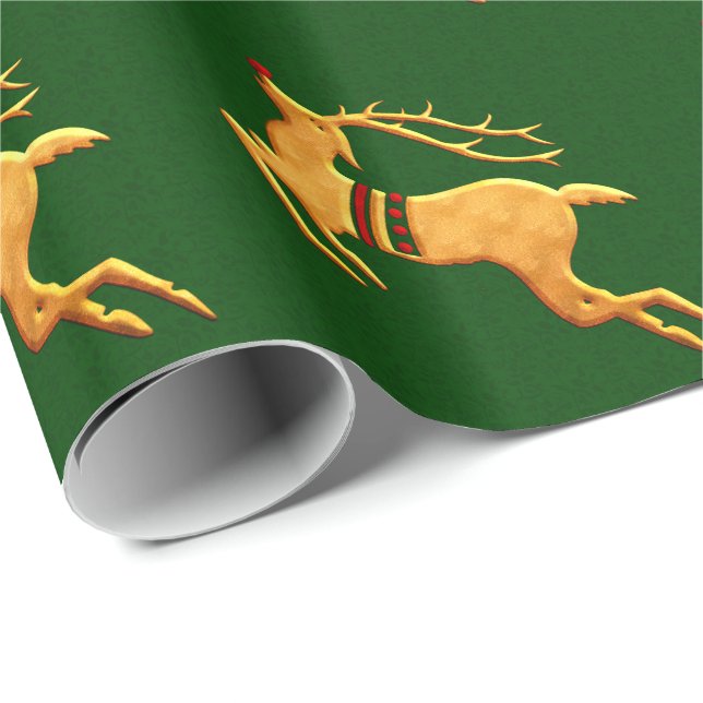 Papel De Regalo Renos rojos y dorados en Damasco verde (Esquina del rollo)