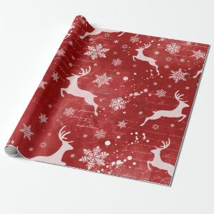 Papel De Regalo Renos y copos de nieve de fondo rojo