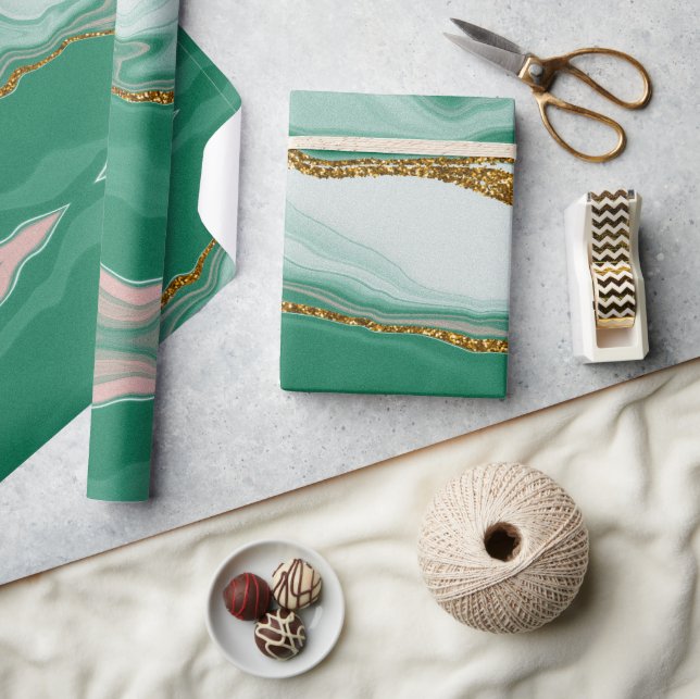 Papel De Regalo Resumen Agate Green and Gold Marble Swirl (Artesanía)