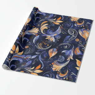 Papel De Regalo Resumen azul y oro de hojas de Paisley
