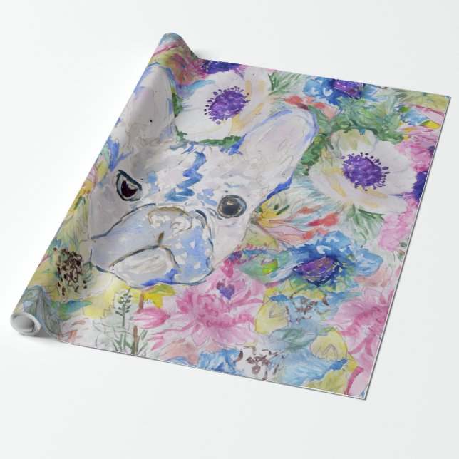 Papel De Regalo Resumen bulldog francés pintura de acuarela floral (Desenrollado)