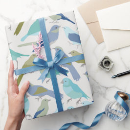Papel De Regalo Resumen de Aves Modernas, Cutas, Azules y Verdes W