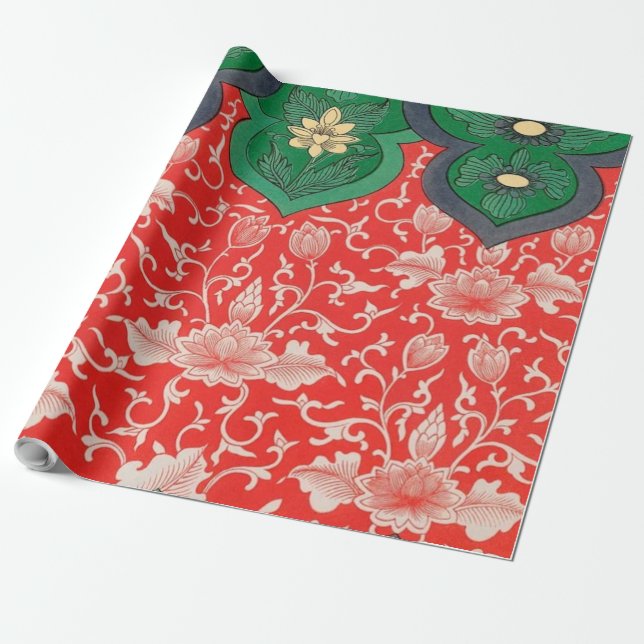 Papel De Regalo Resumen de Loto Místico Rojo y Verde Asiático (Desenrollado)