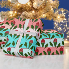 Papel De Regalo Resumen de rosas rojas y hojas florales, bandas de