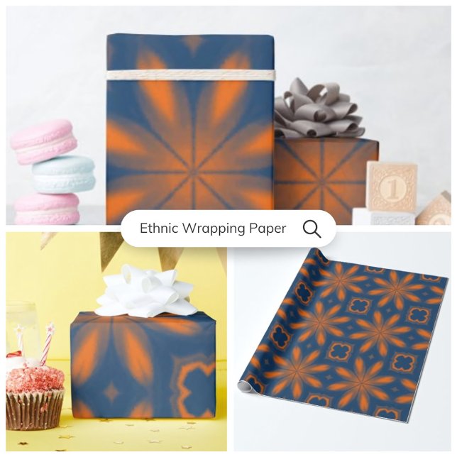 Papel De Regalo Resumen del caleidoscopio floral naranja azul oscu (Abstract floral kaleidoscope dark blue orange wrapping paper)