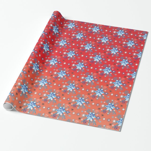 Papel De Regalo Resumen Navidades rojos y azules copos de nieve (Desenrollado)