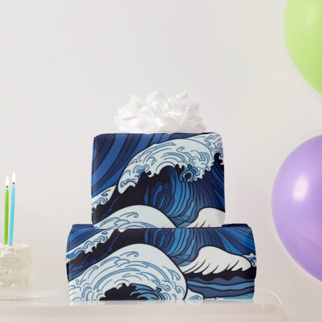 Papel De Regalo Resumen Olas del océano azul arte de estilo japoné (Regalos de fiesta)