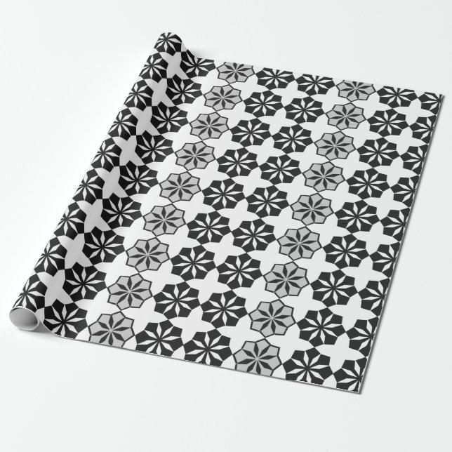 Papel De Regalo Resumen Patrón blanco y negro floral (Desenrollado)