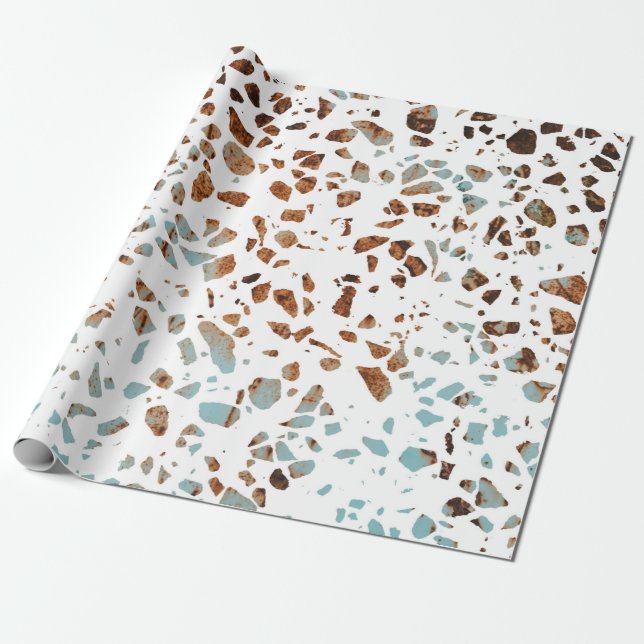 Papel De Regalo Resumen Terrazzo Mosaic Rust Brown & Blue Pattern (Desenrollado)