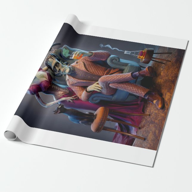 Papel De Regalo Retrato de Halloween, un monstruo y su novia (Desenrollado)