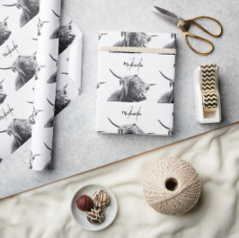 Papel De Regalo Retrato de vaca Highland monograma inicial blanco