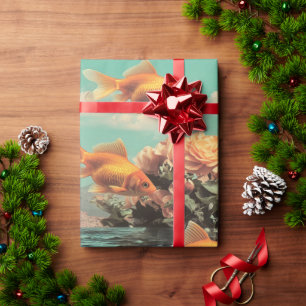 Papel De Regalo Retrato surrealista con flores de pez dorado y océ