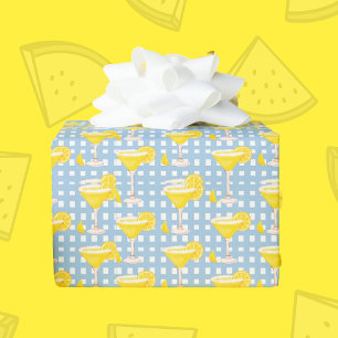 Papel De Regalo Retro Amarillo Soleado Limón Gota Azul Blanco Cuad