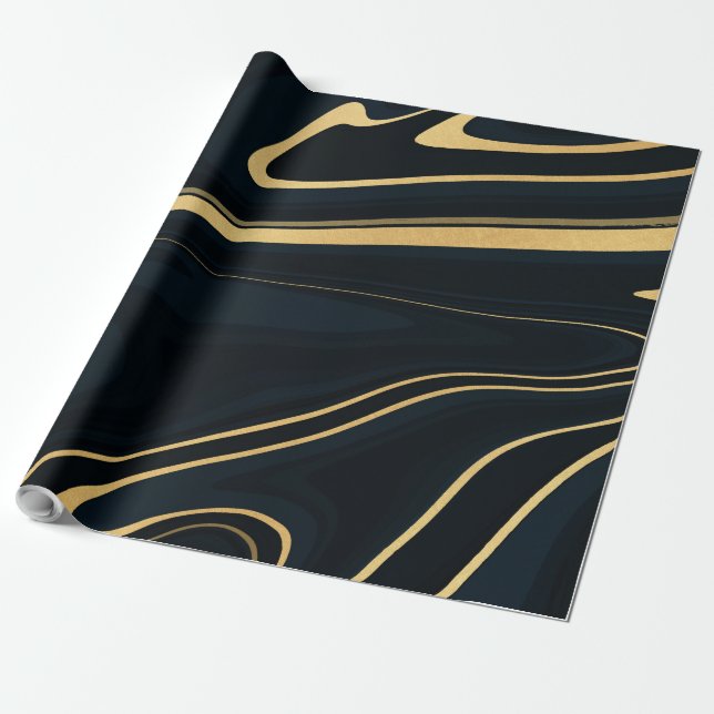 Papel De Regalo Retro Blue Gold Swirl Liquid Painting Design (Desenrollado)