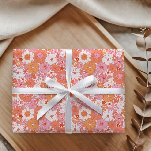 Papel De Regalo Retro Boho Naranja rosa Floral Cute Baby Shower (Subido por el creador)