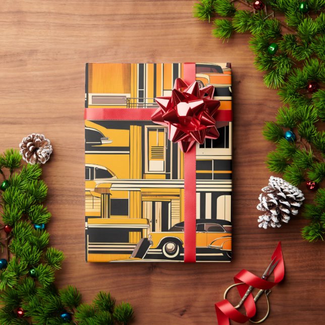 Papel De Regalo Retro Cars Mostaza Geométrica Mid Century (Regalo de vacaciones)