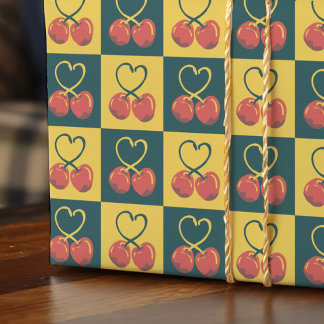 Papel De Regalo Retro Cherry Heart Shaped Stems Teal Mustard Check