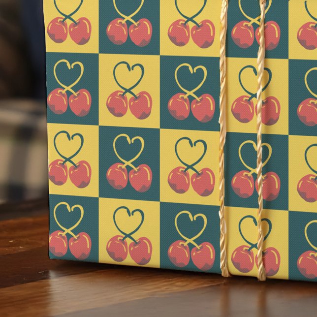 Papel De Regalo Retro Cherry Heart Shaped Stems Teal Mustard Check (Retro cherry wrapping paper with heart-shaped stems in teal and mustard for a midcentury vibe.)