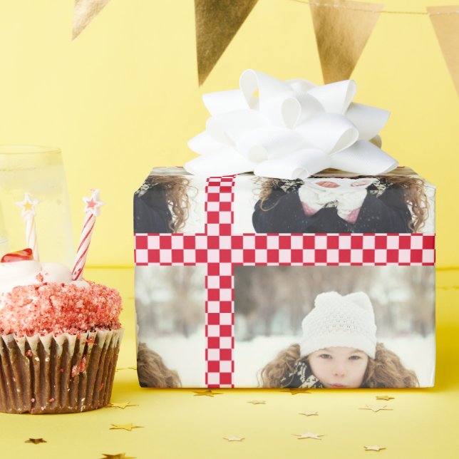 Papel De Regalo Retro Christmas Photo Collage Checkerboard Red (Fiesta de cumpleaños )