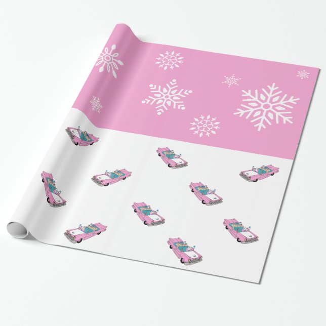 Papel De Regalo Retro - Copos de nieve y auto (Desenrollado)