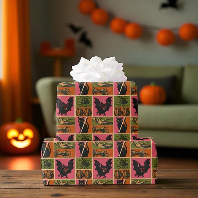 Papel De Regalo Retro Creeps (Retro Halloween gift wrap with bats, cats, pumpkins, and spooky icons.)