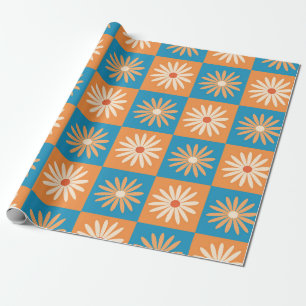 Papel De Regalo Retro Daisy sobre cuadros azules y naranjas