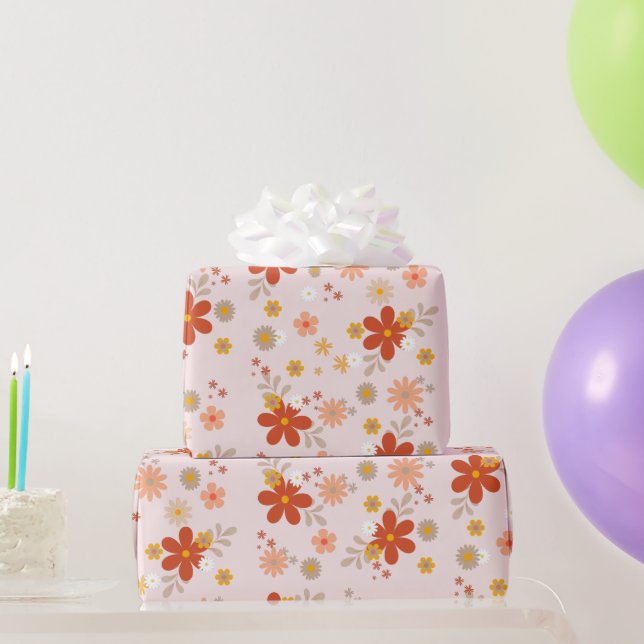 Papel De Regalo Retro de flores rosadas Groovy (Regalos de fiesta)