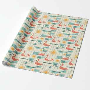Papel De Regalo Retro Flamingo Piscina Patrón de Verano (3)