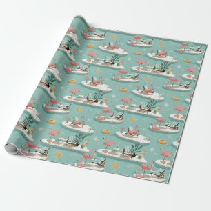 Papel De Regalo Retro Flamingo Piscina Patrón de Verano (6)
