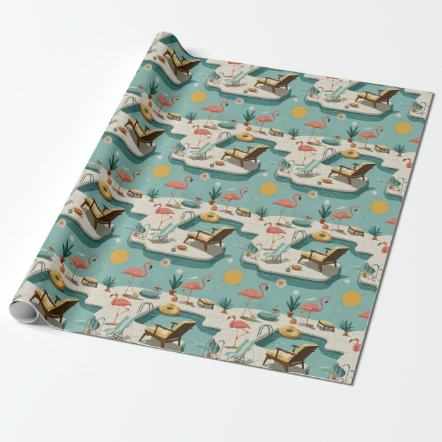 Papel De Regalo Retro Flamingo Poolside Summer Pattern (1) (Desenrollado)