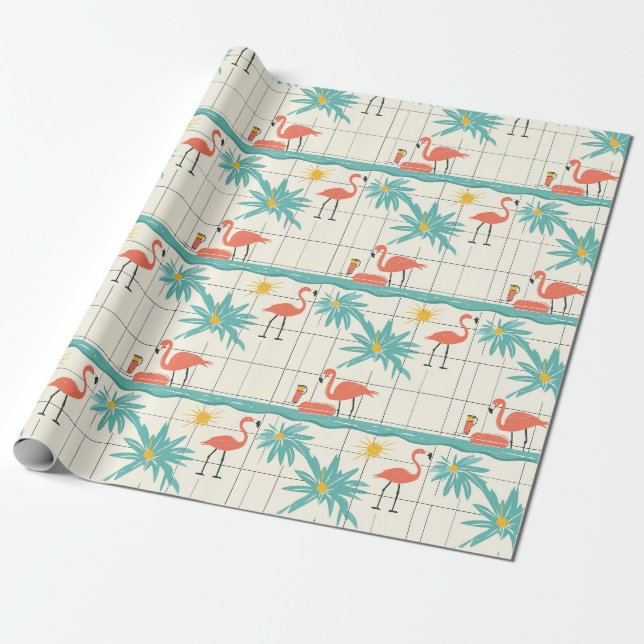 Papel De Regalo Retro Flamingo Poolside Summer Pattern (2) (Desenrollado)