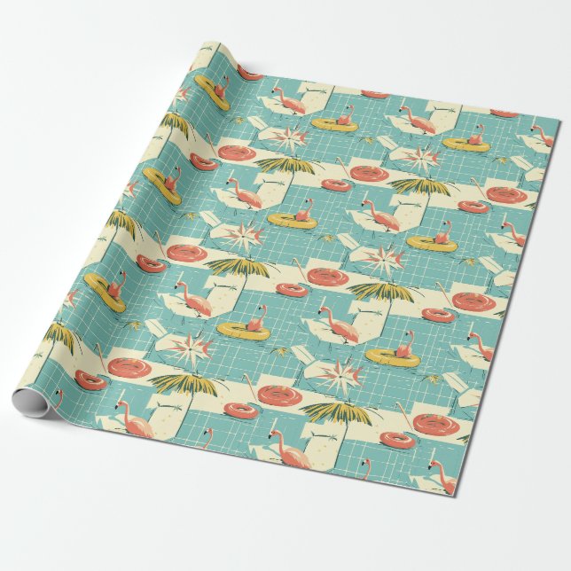 Papel De Regalo Retro Flamingo Poolside Summer Pattern (4) (Desenrollado)