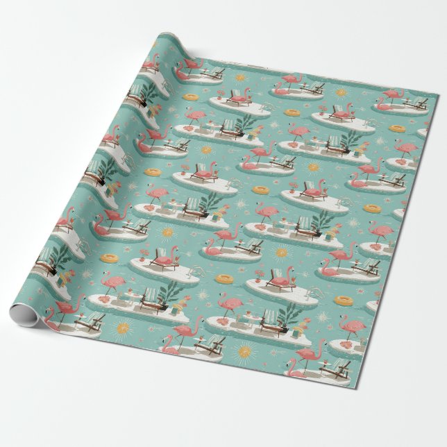 Papel De Regalo Retro Flamingo Poolside Summer Pattern (6) (Desenrollado)