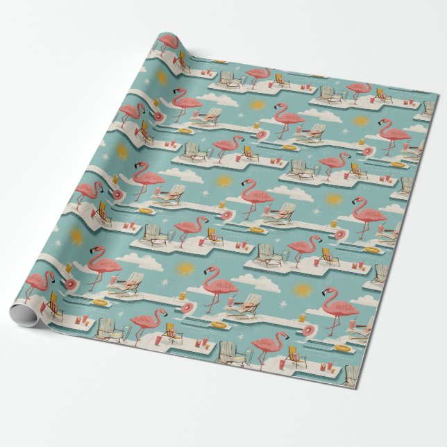 Papel De Regalo Retro Flamingo Poolside Summer Pattern (7) (Desenrollado)