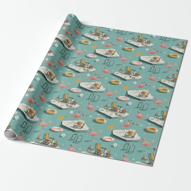 Papel De Regalo Retro Flamingo Poolside Summer Pattern (8) (Desenrollado)
