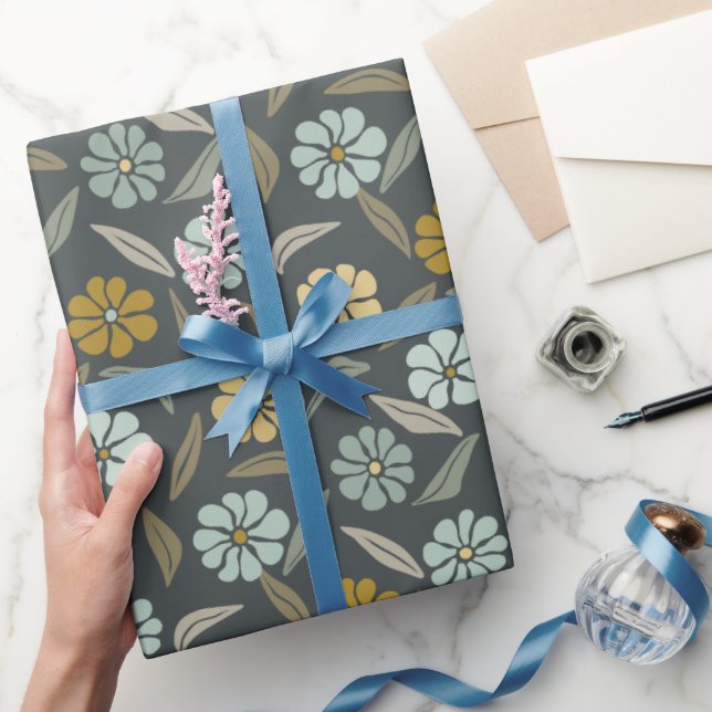 Papel De Regalo Retro Flor Azul y Amarillo (Regalar)