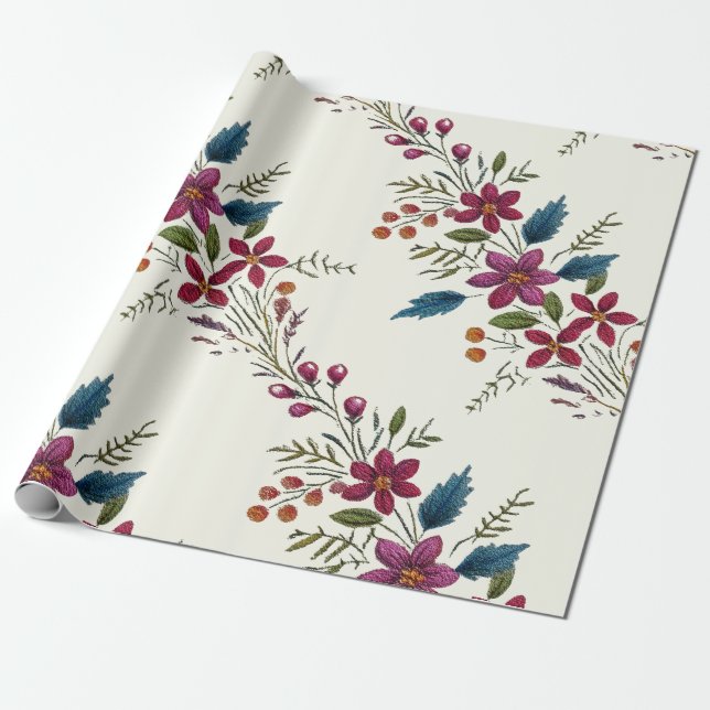 Papel De Regalo Retro Floral Folk Christmas (Desenrollado)