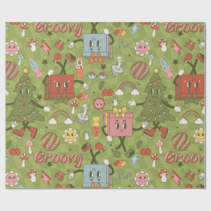 Papel De Regalo retro groovy árbol de navidad disco verde 1970 che