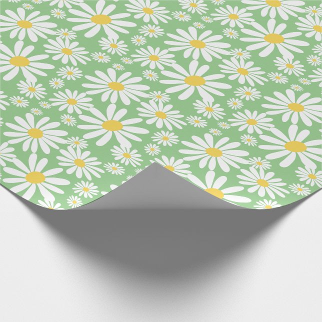 Papel De Regalo Retro Groovy Daisies Patrón de primavera Sage Verd (Esquina)