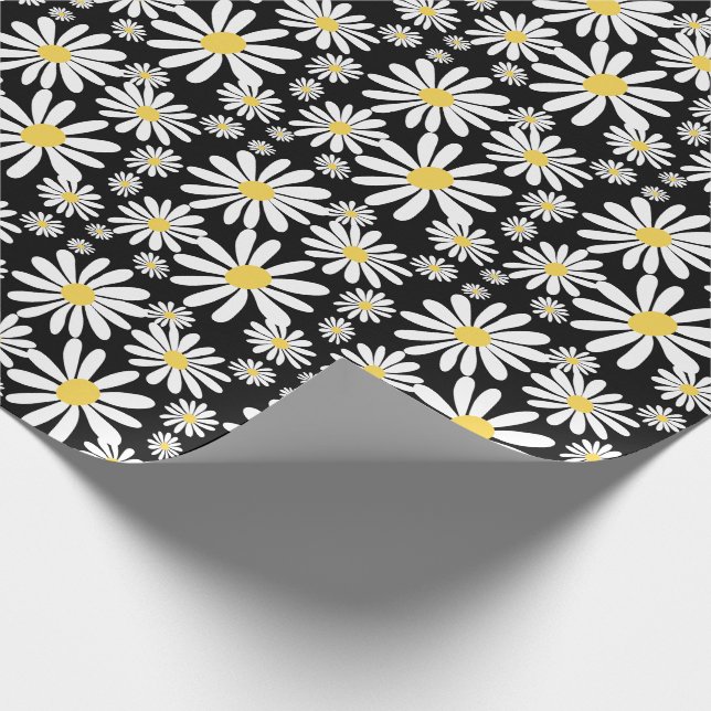 Papel De Regalo Retro Groovy Daisies Patrón Primavera Negro (Esquina)